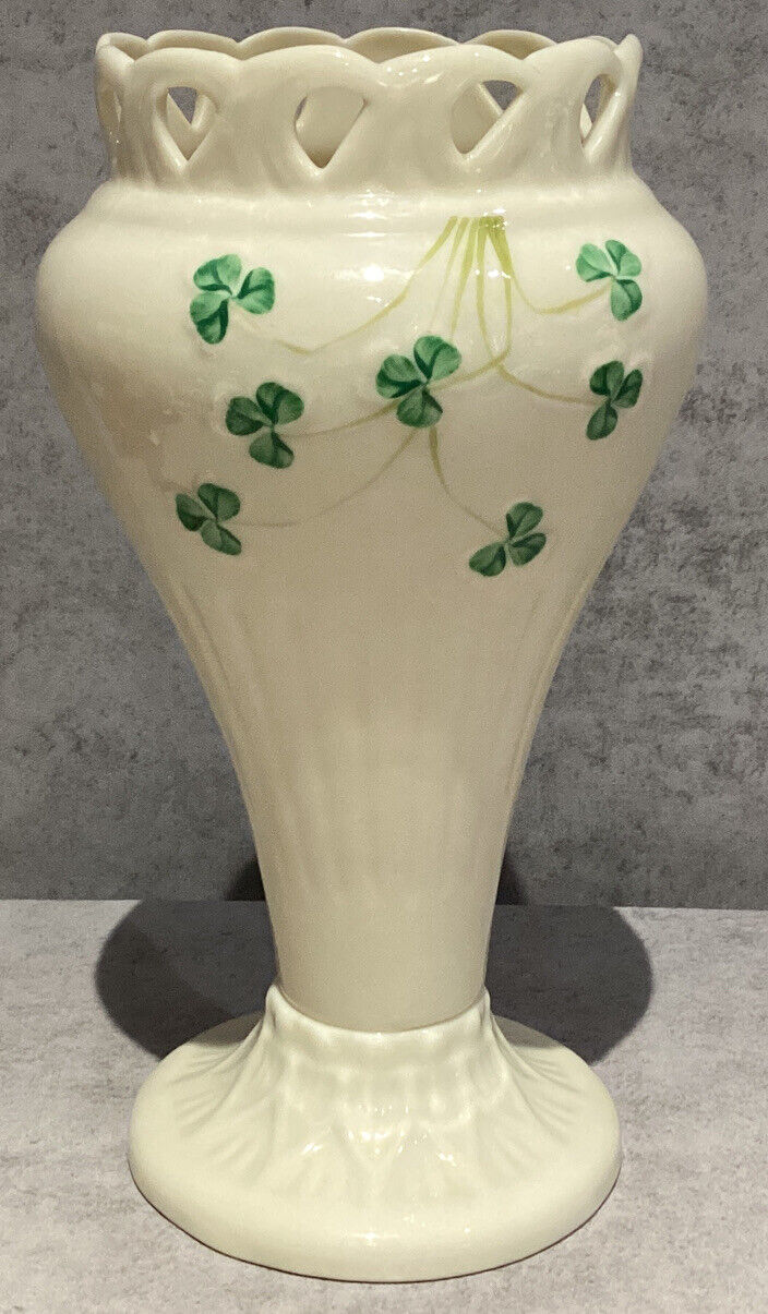 Vintage Belleek 7.5” Pierced Shamrock Porcelain Vase