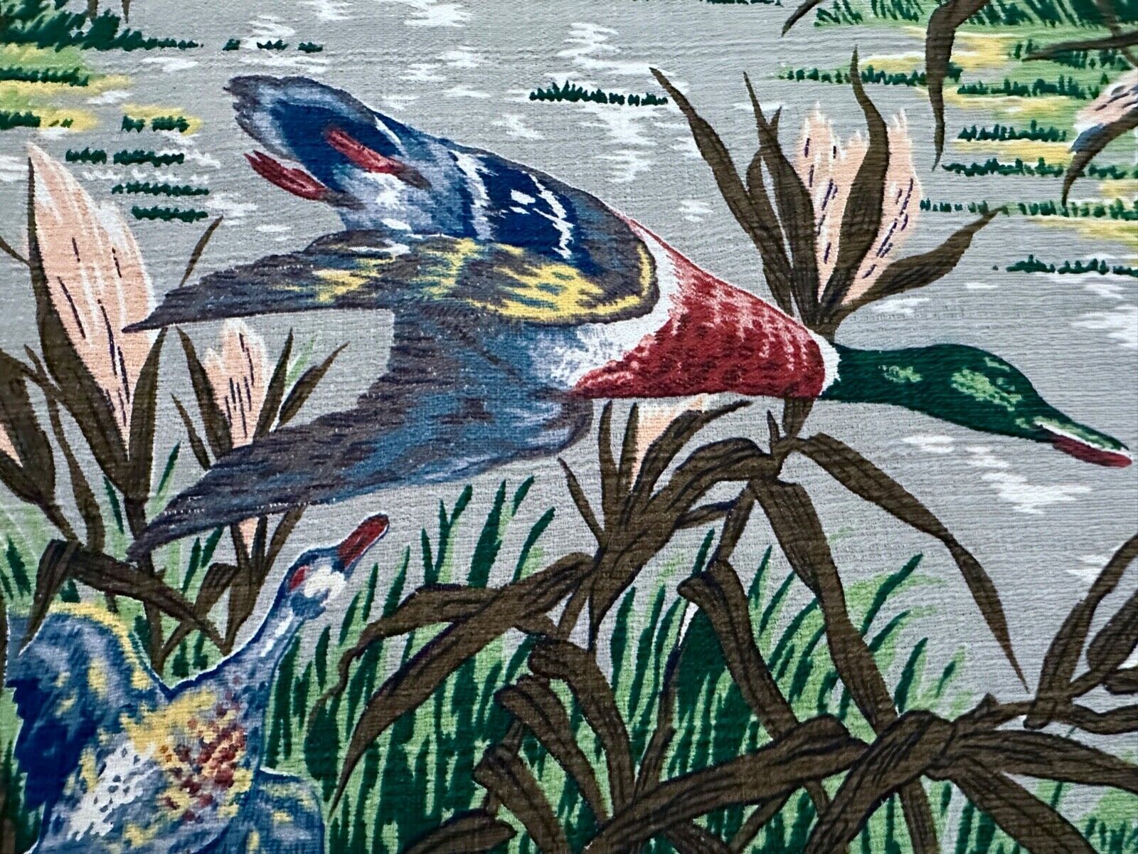 1940\'s Deco Geese in Flight over Marshlands Barkcloth Vintage Fabric DIY PILLOW
