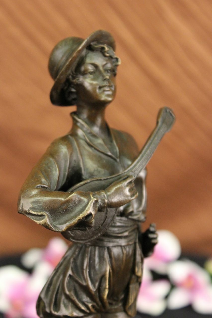 Bronze Marble Base Sculpture Statue Banjo Woman Music Song Figurine Art Artwork