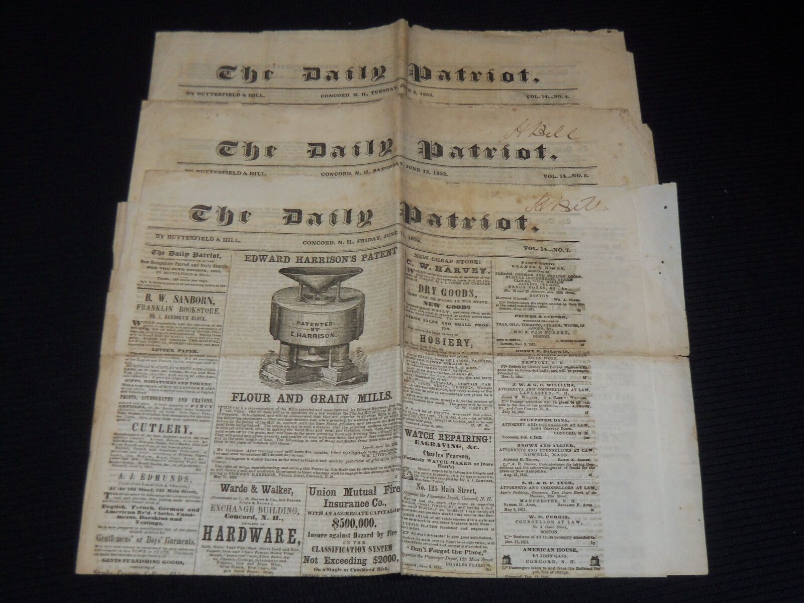 1852 JUNE DAILY PATRIOT NEWSPAPER LOT OF 3 - CONCORD GEN. PIERCE NOMINATED- K 71