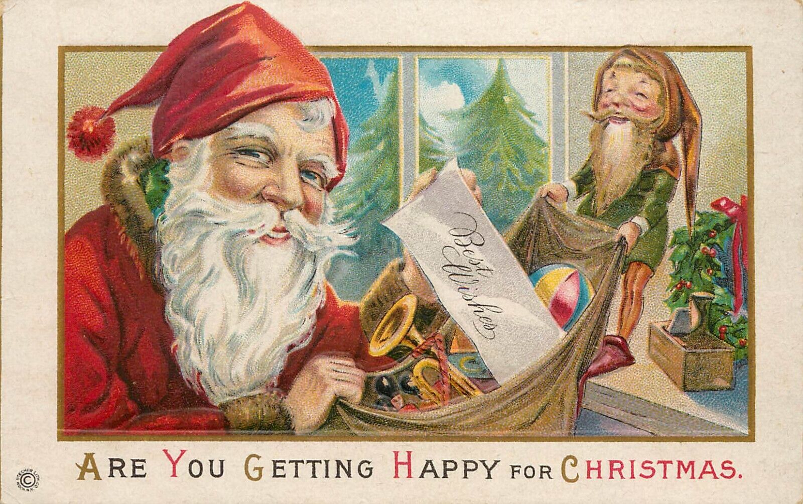 Embossed Santa Claus Christmas Postcard 68-C Elf And Santa Hold Bag Of Presents