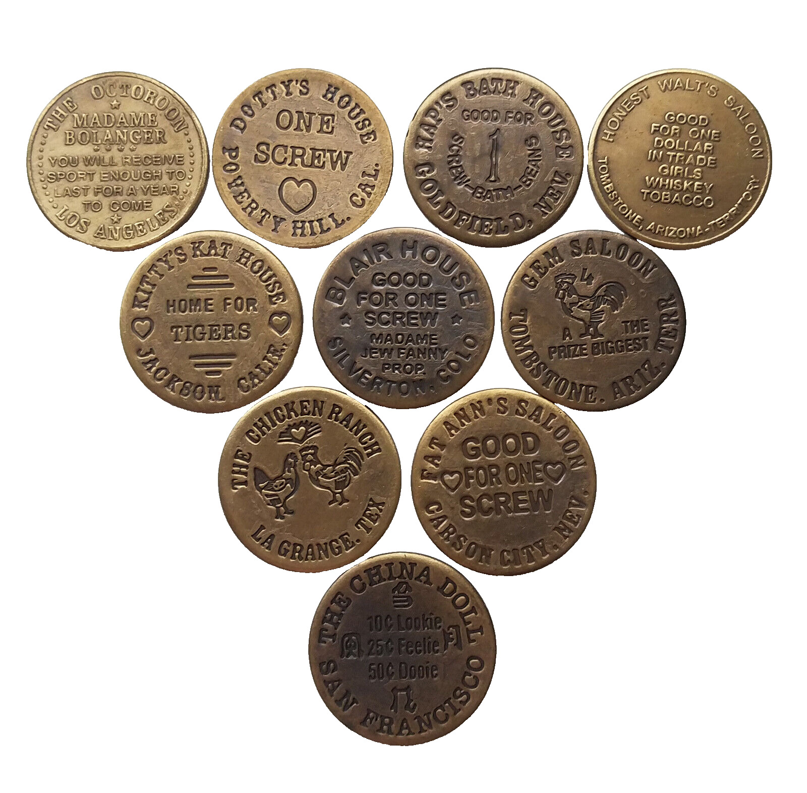 10 Solid Brass Brothel Cat House House Tokens Lot 2