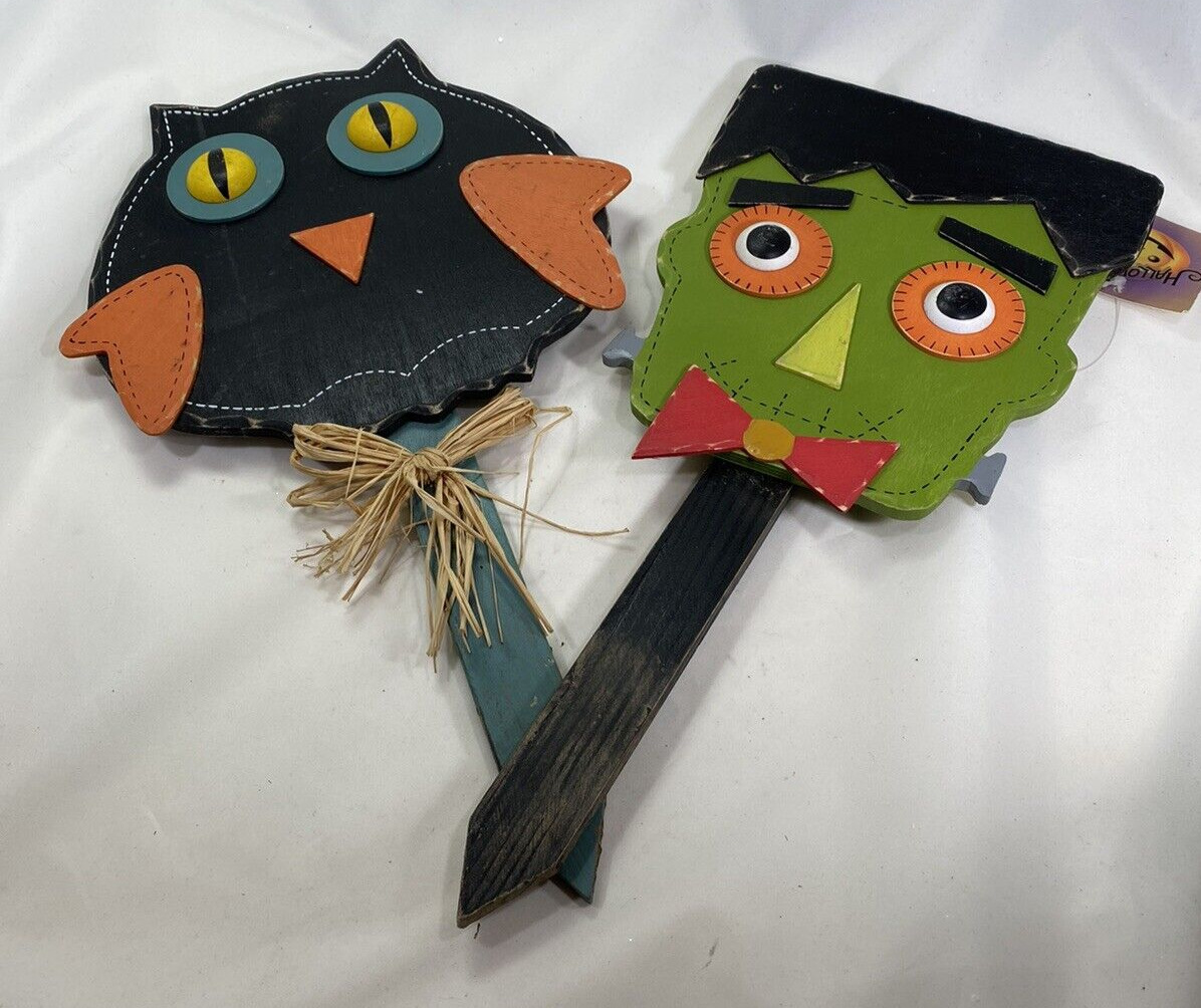 Vintage Halloween Yard Stake Decorations  Owl and Frankenstein wooden
