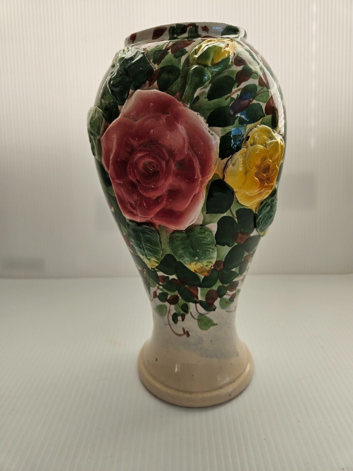Vintage Capodimonte Raised flowers Porcelain Vase 10 1/2 Inches Tall 