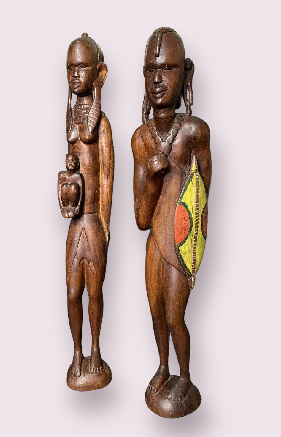 Vintage Authentic African Folk Art Masai Warrior & Wife LARGE Sculpture 28in”