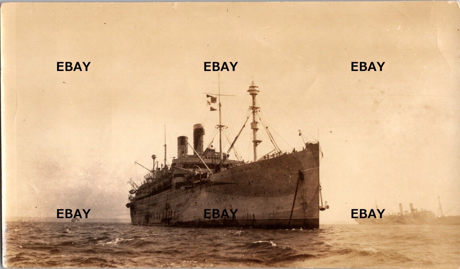 Vintage Snapshot US Navy Ship Anchored Sepia WW1 WW2