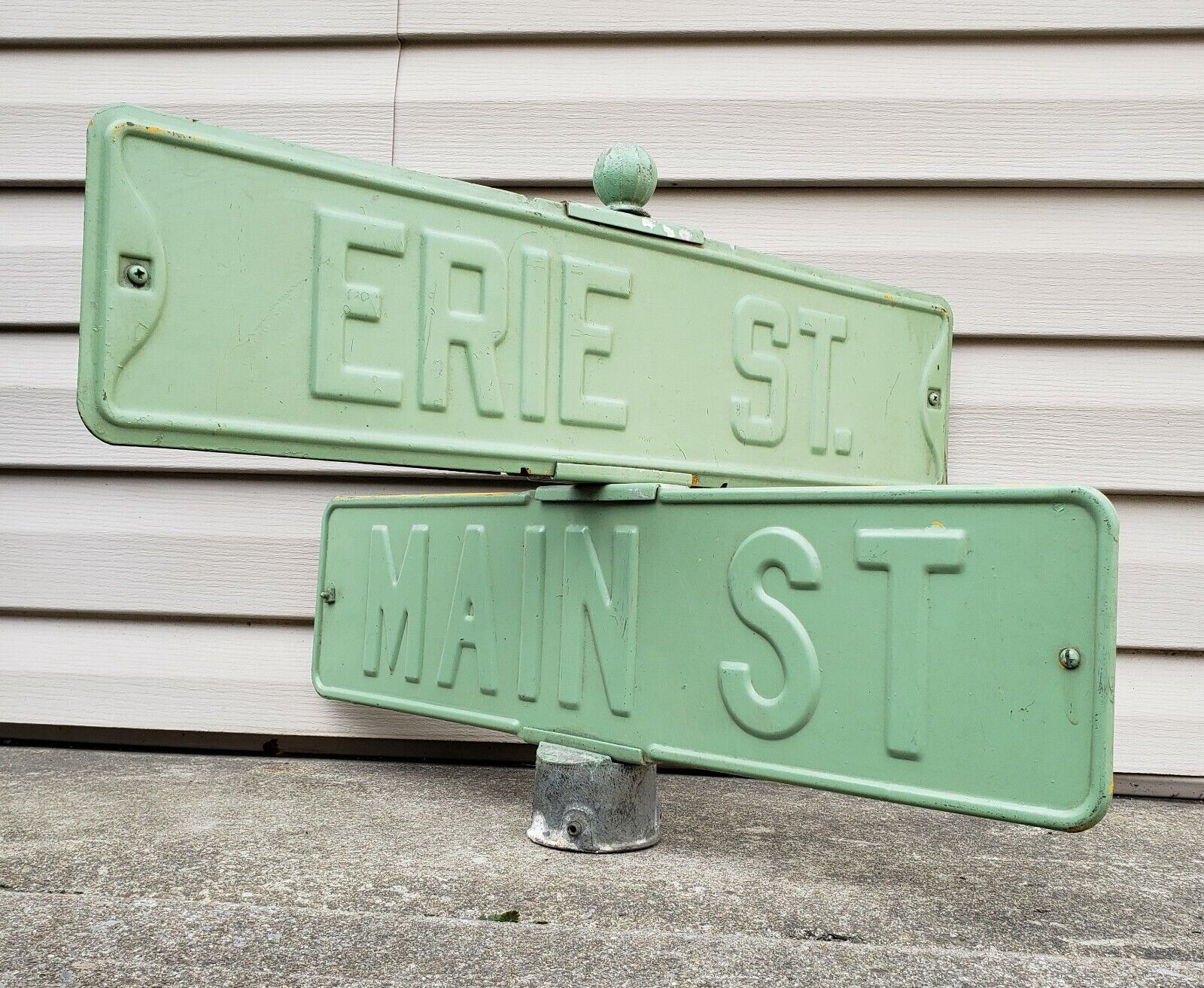 Antique Embossed Main St & Erie Street Sign w/ Corner Post Holder Vintage Owego