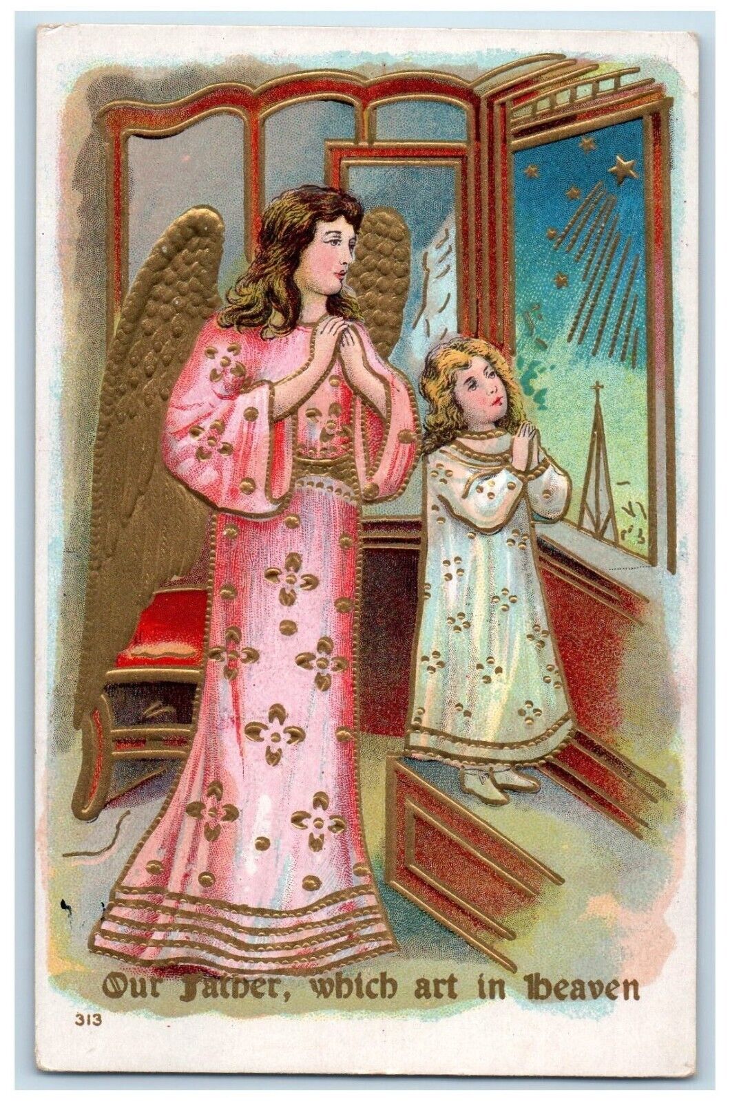 c1910\'s Angels Praying On Window Stars Embossed Posted Antique Postcard