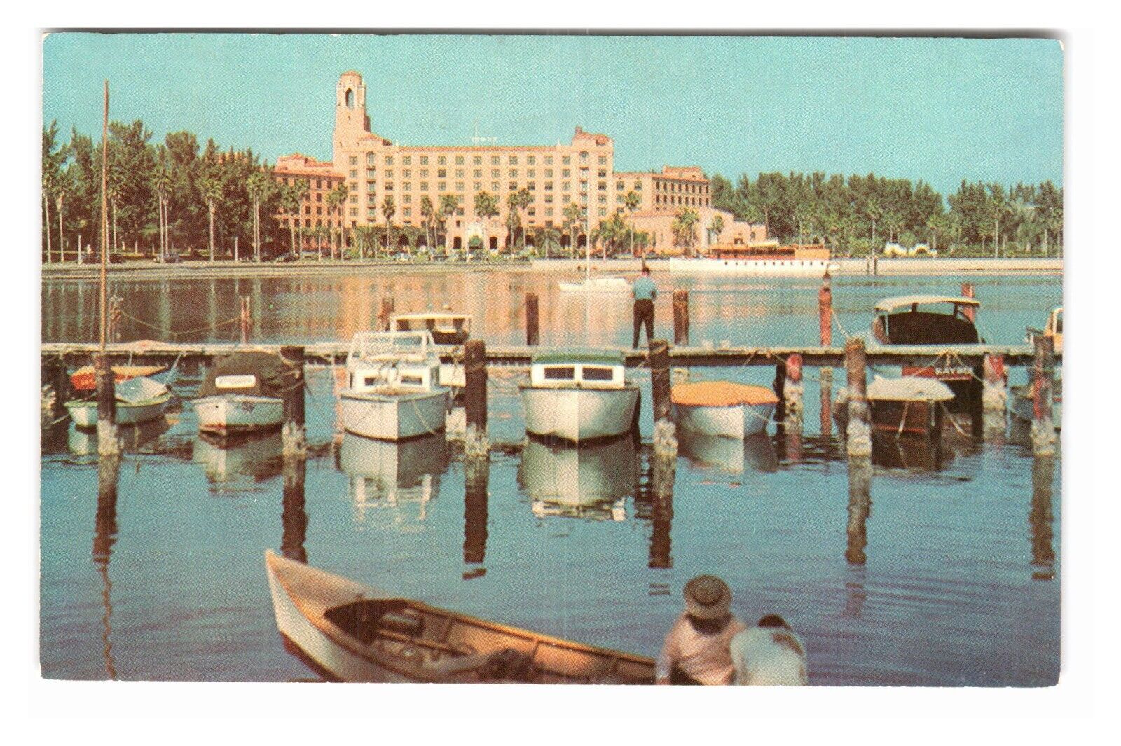 Vtg Postcard St Petersburg Florida Yacht Basin ~ Old Wood Fishing Boats  ~ Pier 