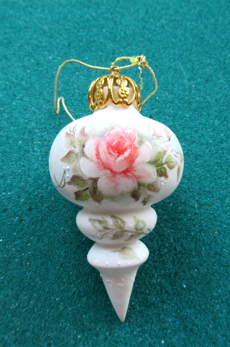 1982 Porcelain Handpainted Floral Christmas Teardrop Shaped Ornament - Signed &