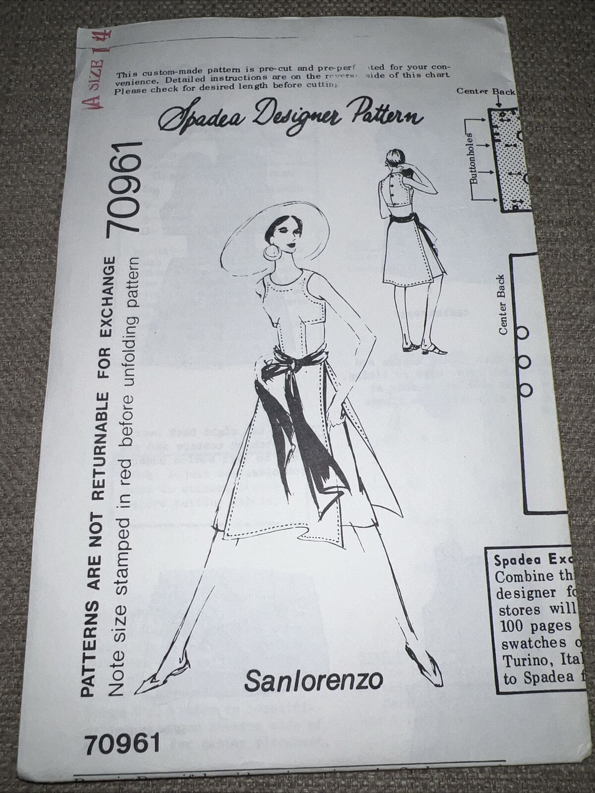 Vintage 70s SPADEA DESIGNER Sewing Pattern 70961 by SANLORENZO GORGEOUS DRESS 14