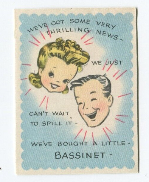 NEW 1960\'s Greetings Inc. Baby Announcement- NOS, Happy Couple, Baby in Bassinet