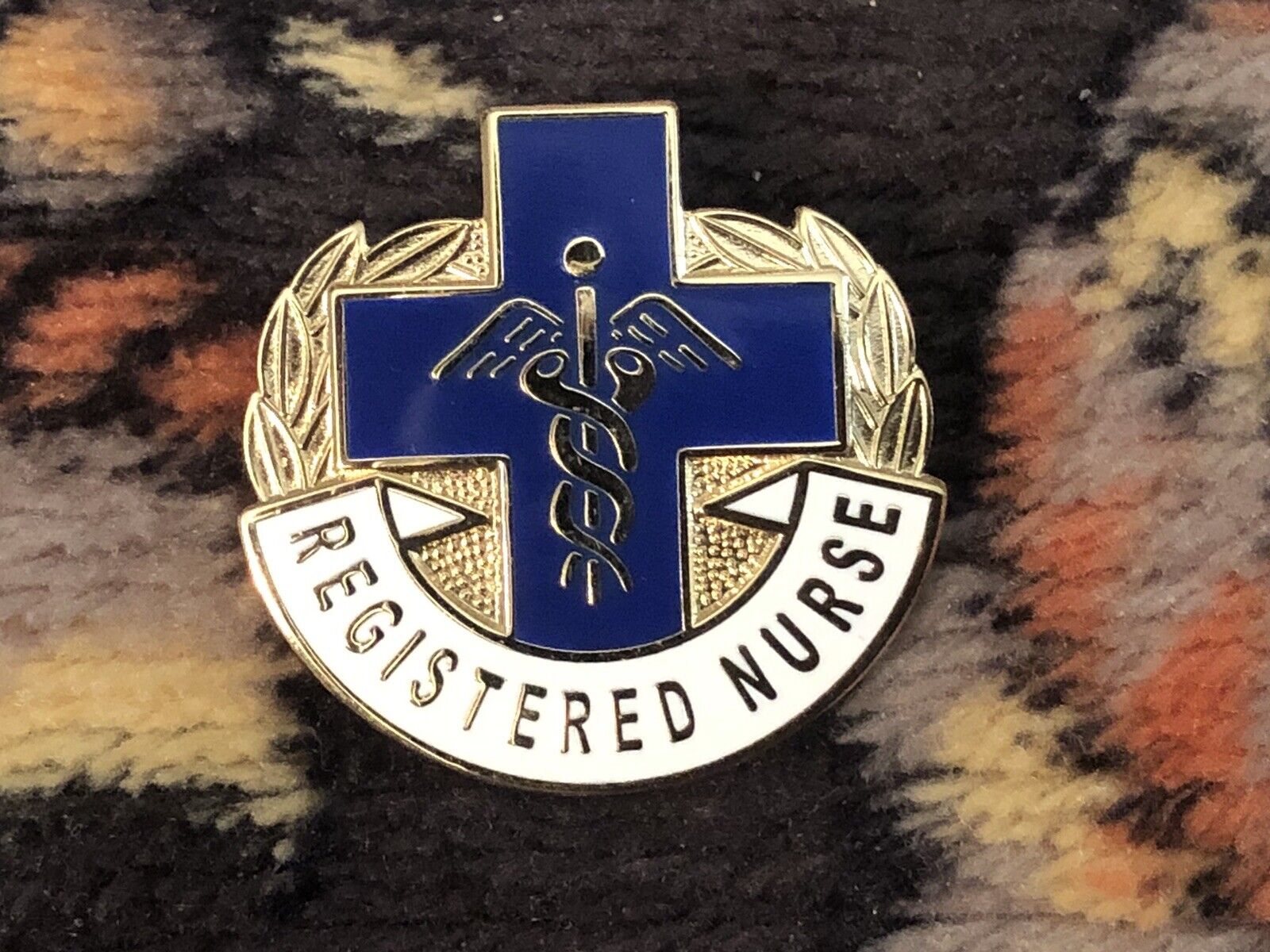 RN Registered Nurse Medical Caduceus Cross Blue Gold Tone Pin, New