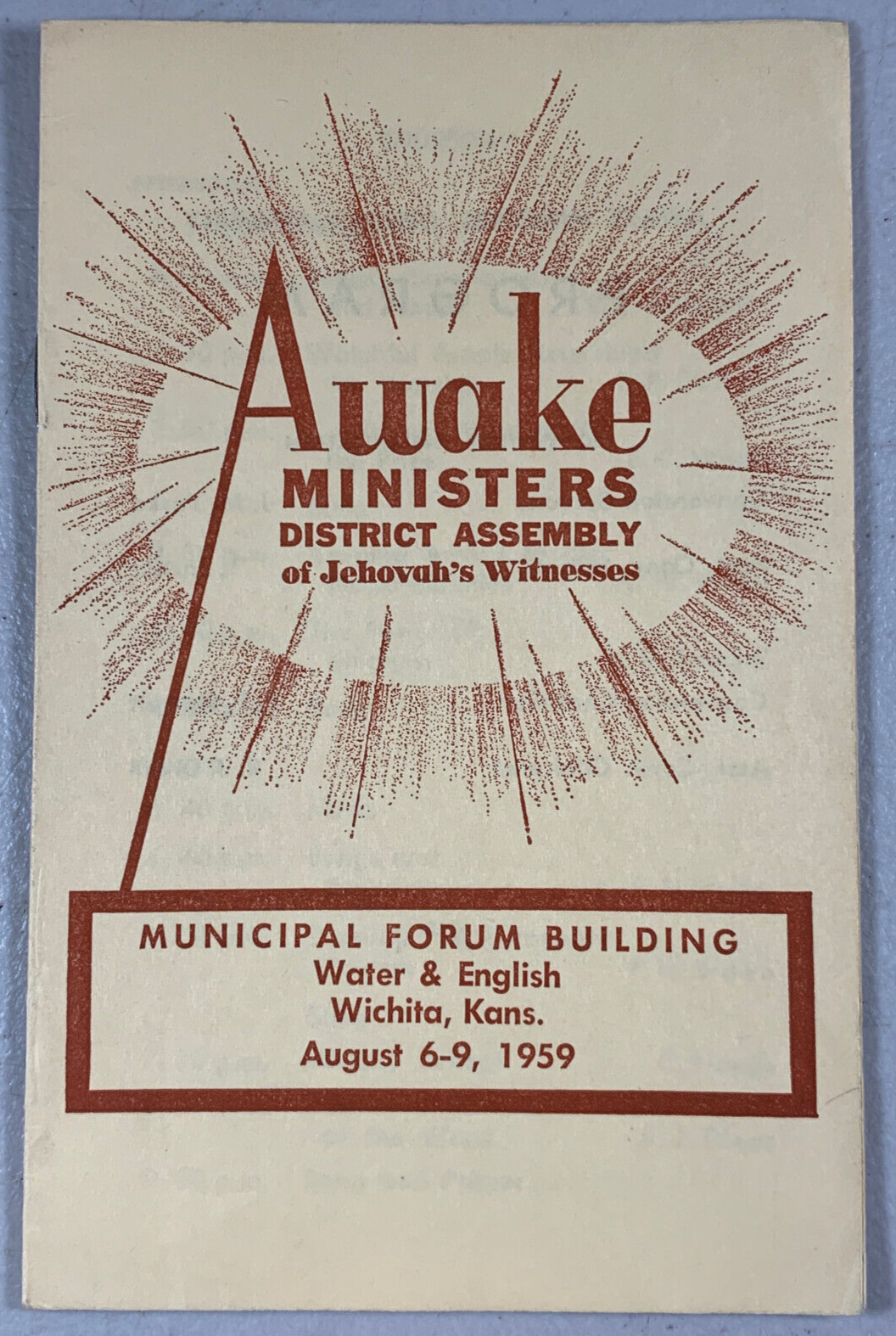 Original 1959 Awake Ministers Assembly Program Wichita Kansas Jehovah Watchtower