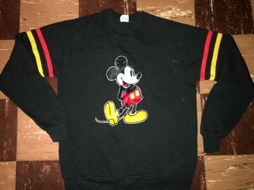 MICKEY MOUSE Vtg 1980\'s Raglan sweat t shirt Sweater Felt Logo DISNEY CASUALS LR