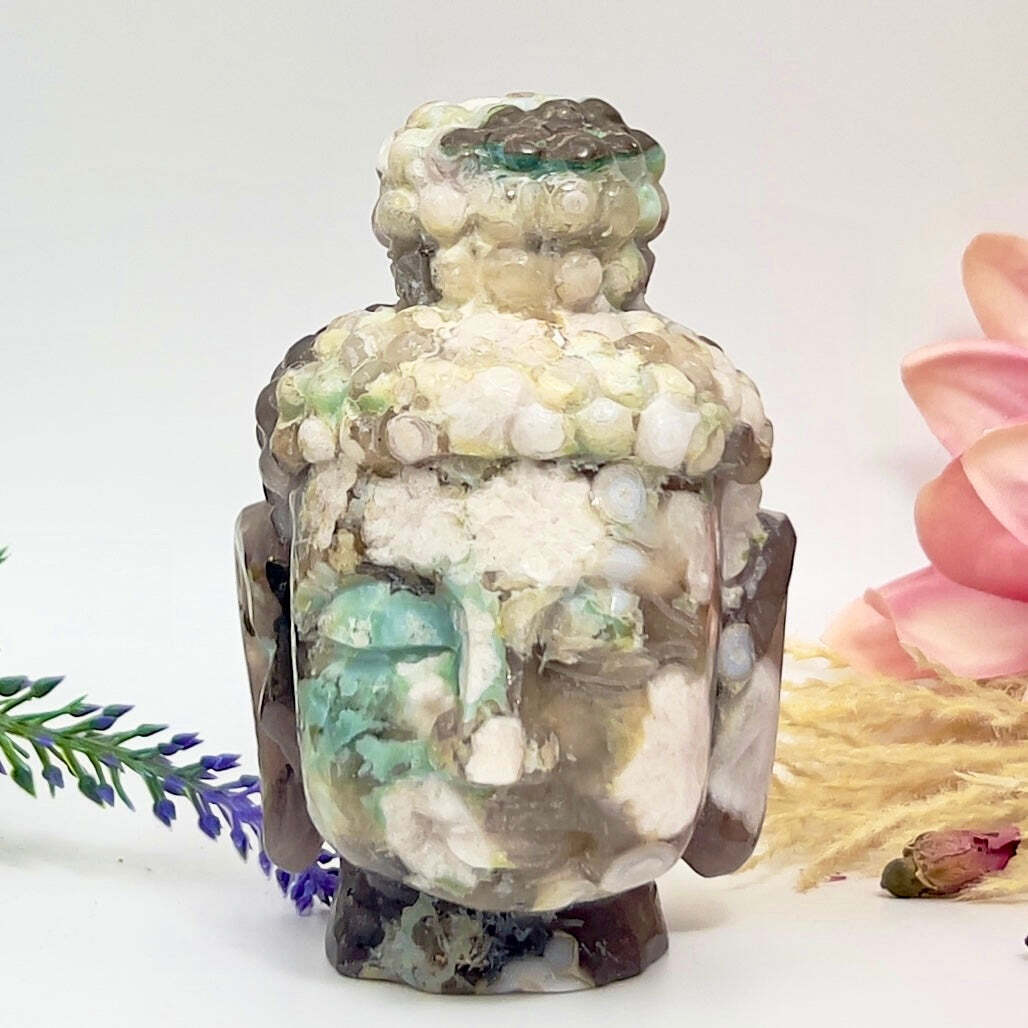 Green Sakura Flower Agate Buddha Rare Healing Crystal Carving 686g