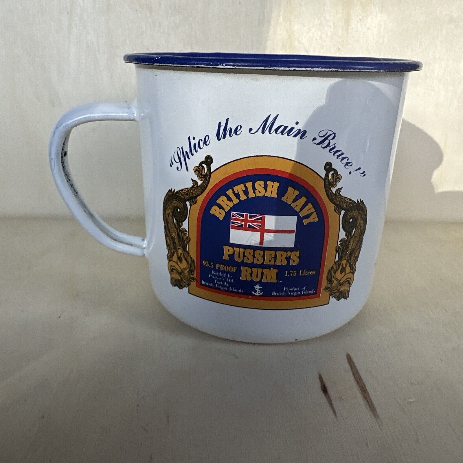 Pusser\'s Rum British Navy,Blue,White Enameled Tin/Mug Excellent