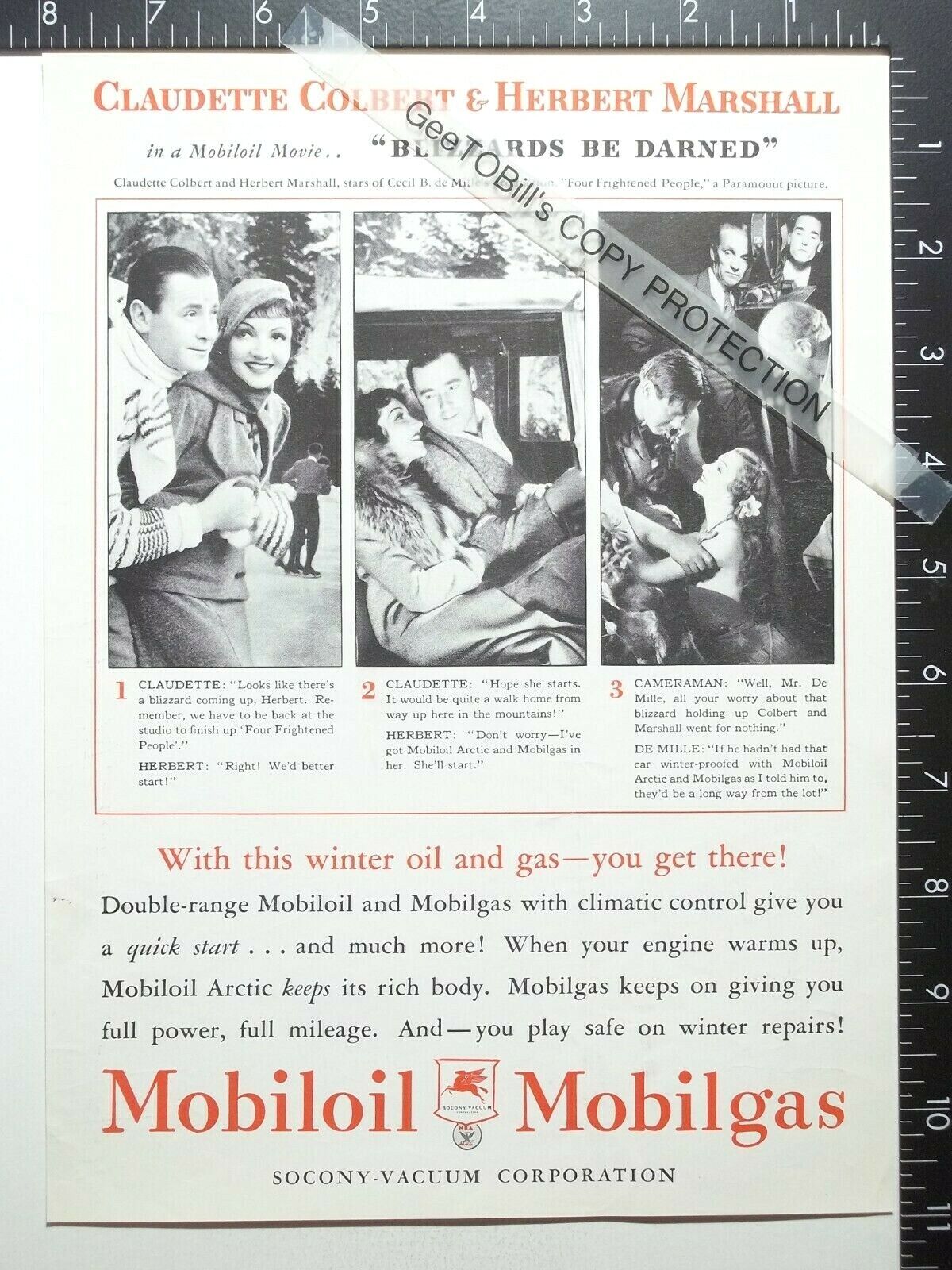 1934 AD Mobiloil Mobilgas Claudette Colbert Herbert Marshall 4 Frightened People