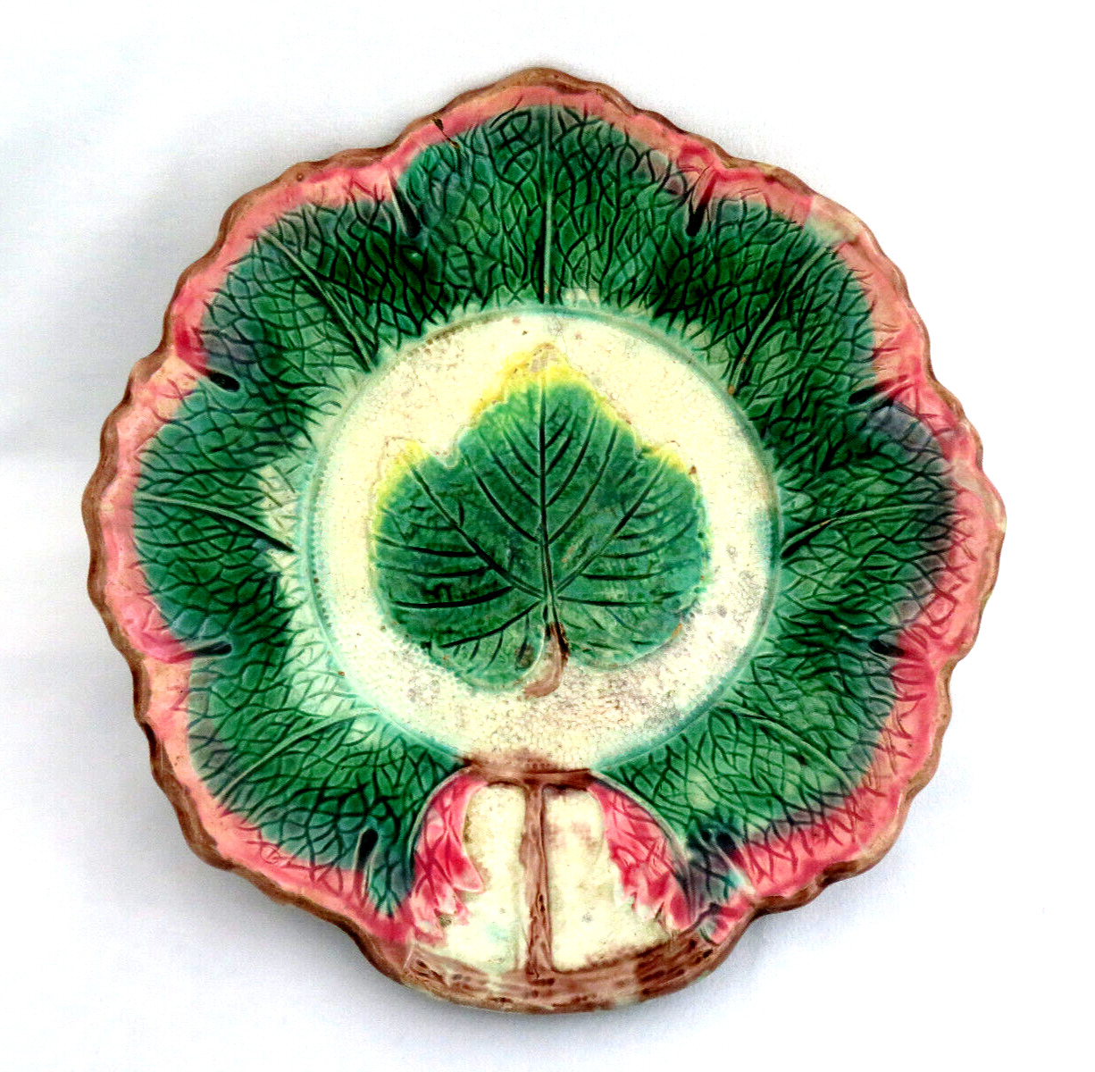 Antique Vintage Majolica Pottery Large Green & Pink Leaf Bowl  10 1/4\