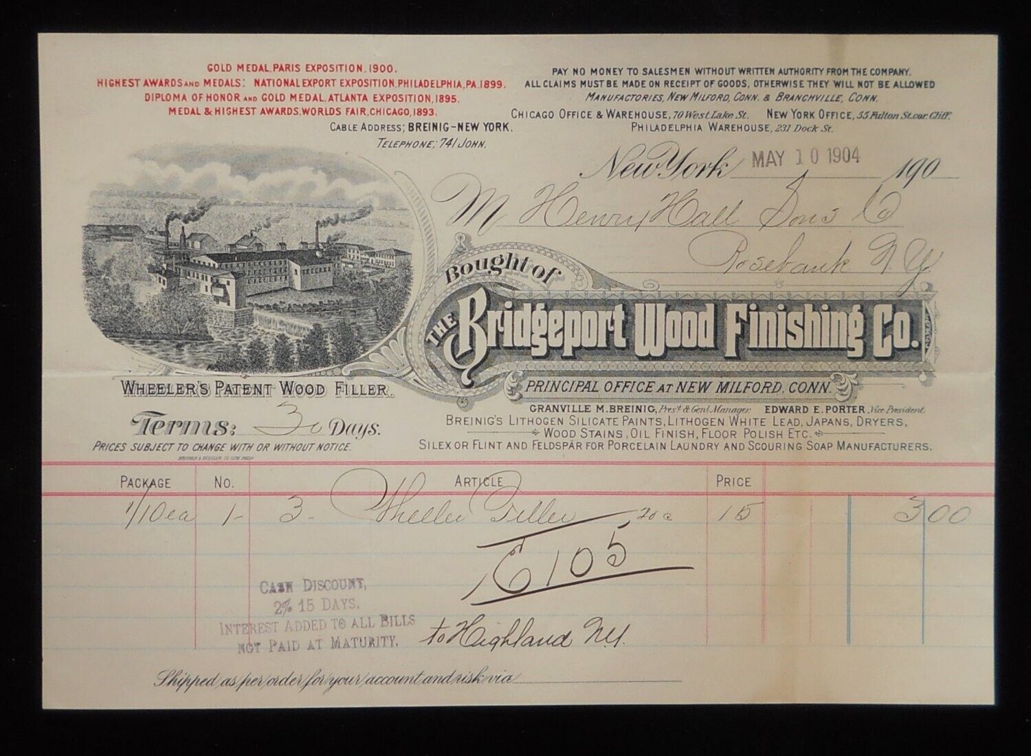 1904 The Bridgeport Wood Finishing Co. Breinig Porter Rosebank NY New Milford CT