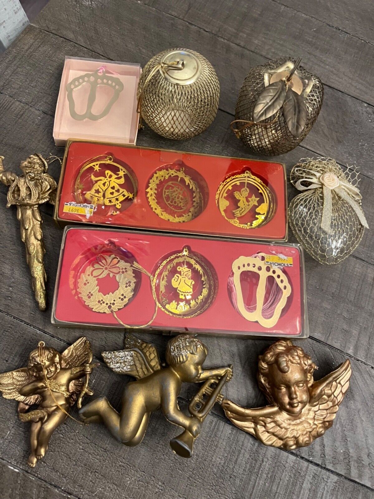 Lot Of 14 Vintage/up Gold Christmas Ornaments/Decor Brass......