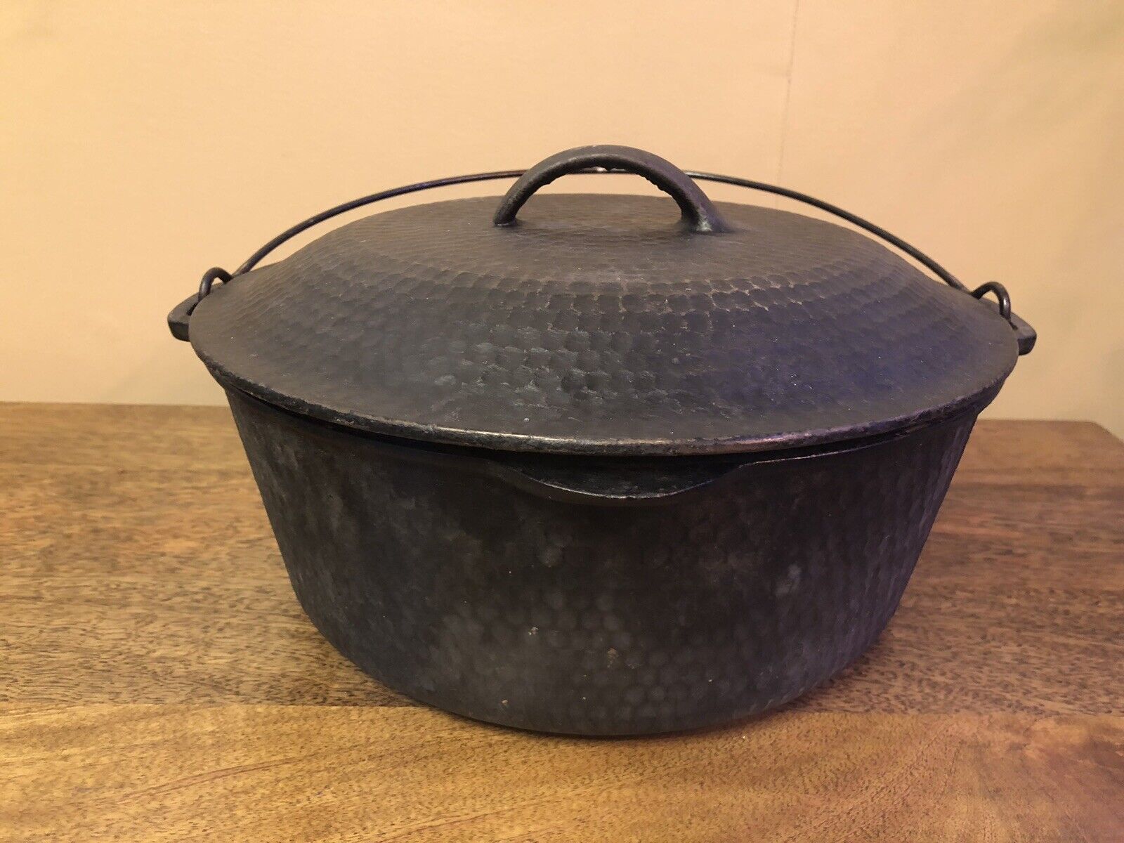 Vintage Antique Cast Iron Dutch Oven with Hammered Lid and Handle