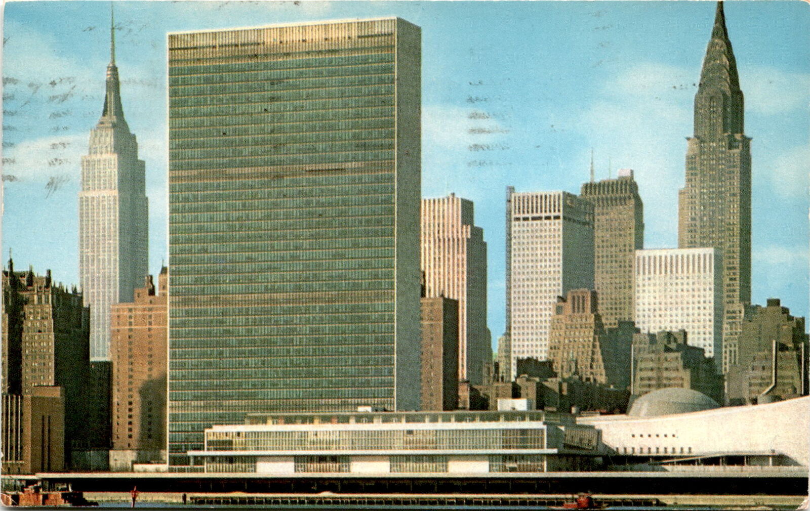 Vintage UN Building postcard NYC Empire State Chrysler Love Alfred Mainzer