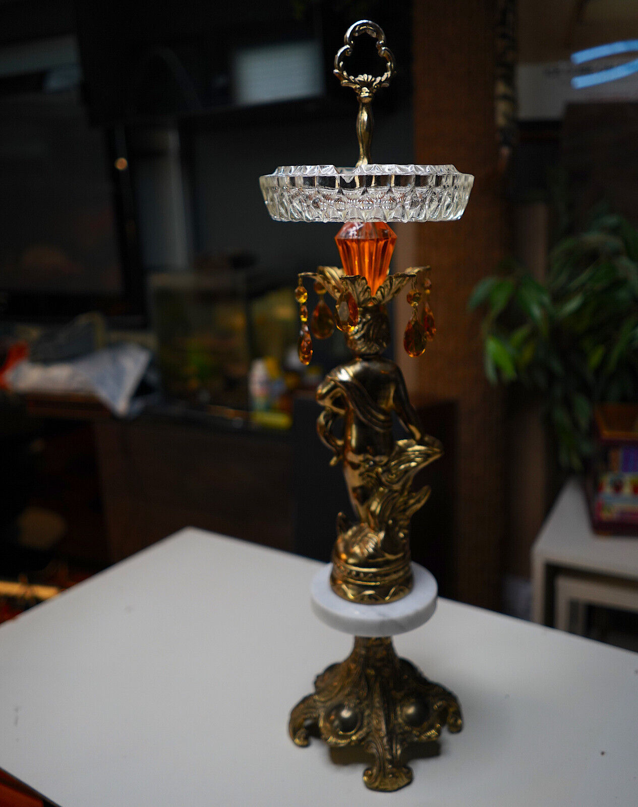 1970s Standing ashtray Angel marble cherub figurine Gorgeous Glass Bronze Color
