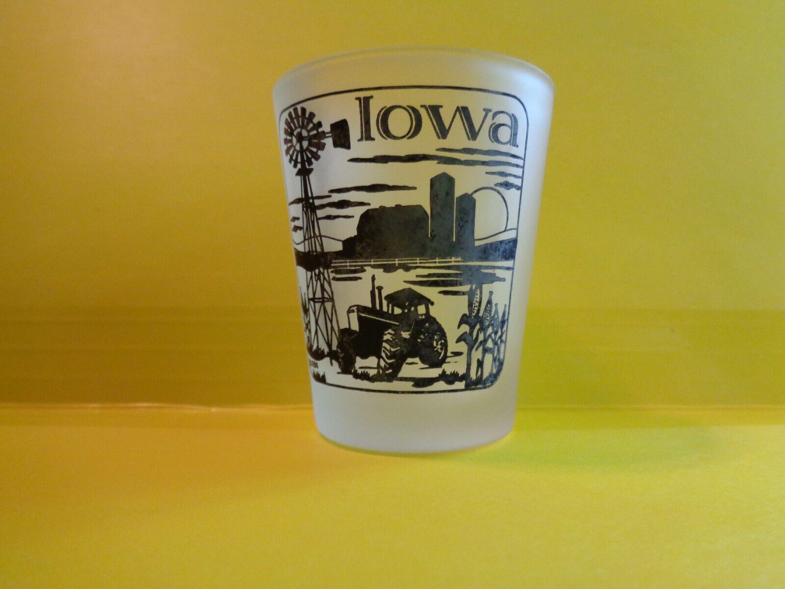 Vintage Iowa 1 Oz Shot Glass Frosted Black Letters Tractor Windmill Farming Barn