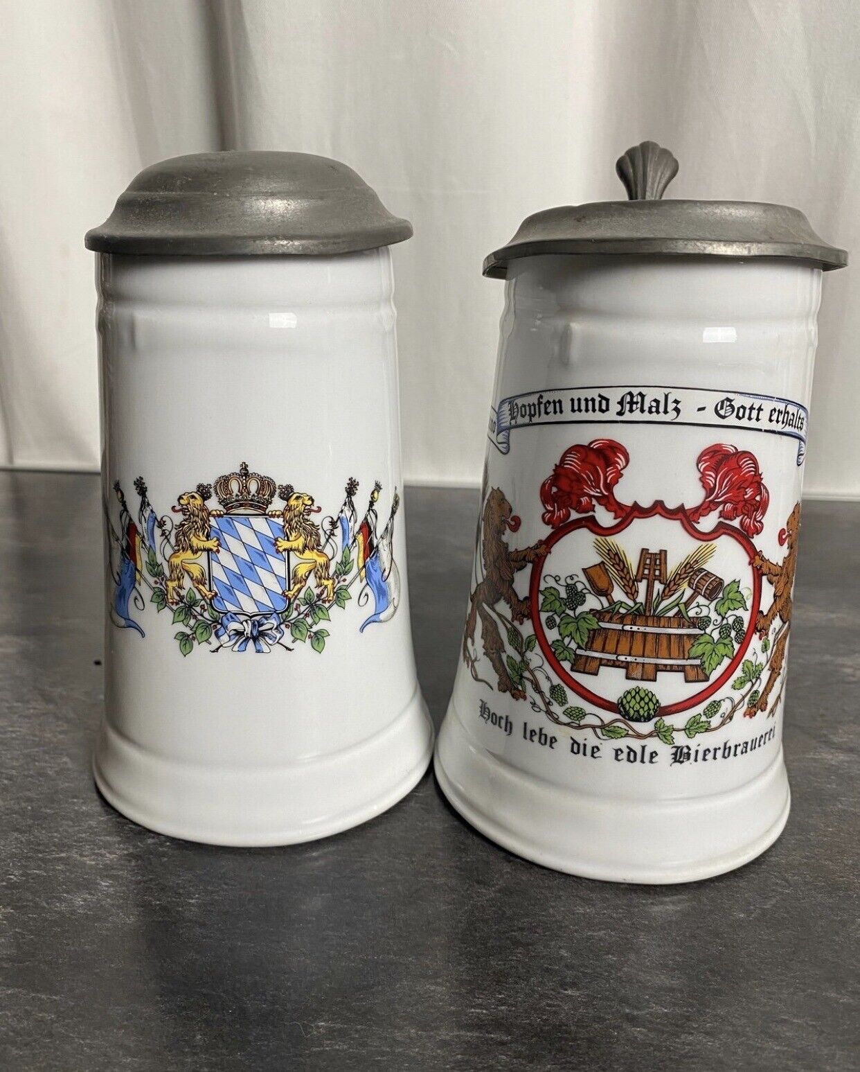 2 Antique Vintage Lidded German Beer Steins Hopfen Und Malz Original Bierzug
