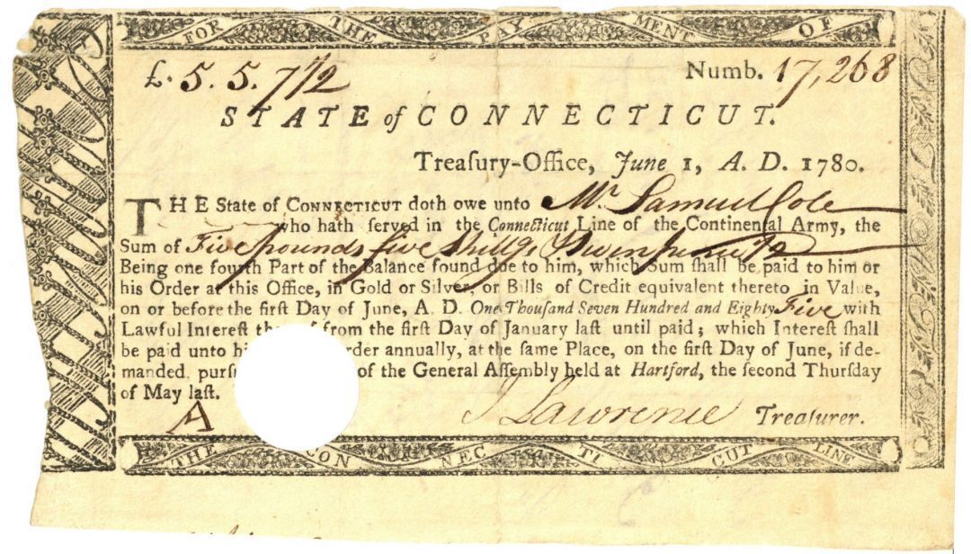 1780's dated Continental Army Connecticut Line Bond or Note issued to a Revoluti