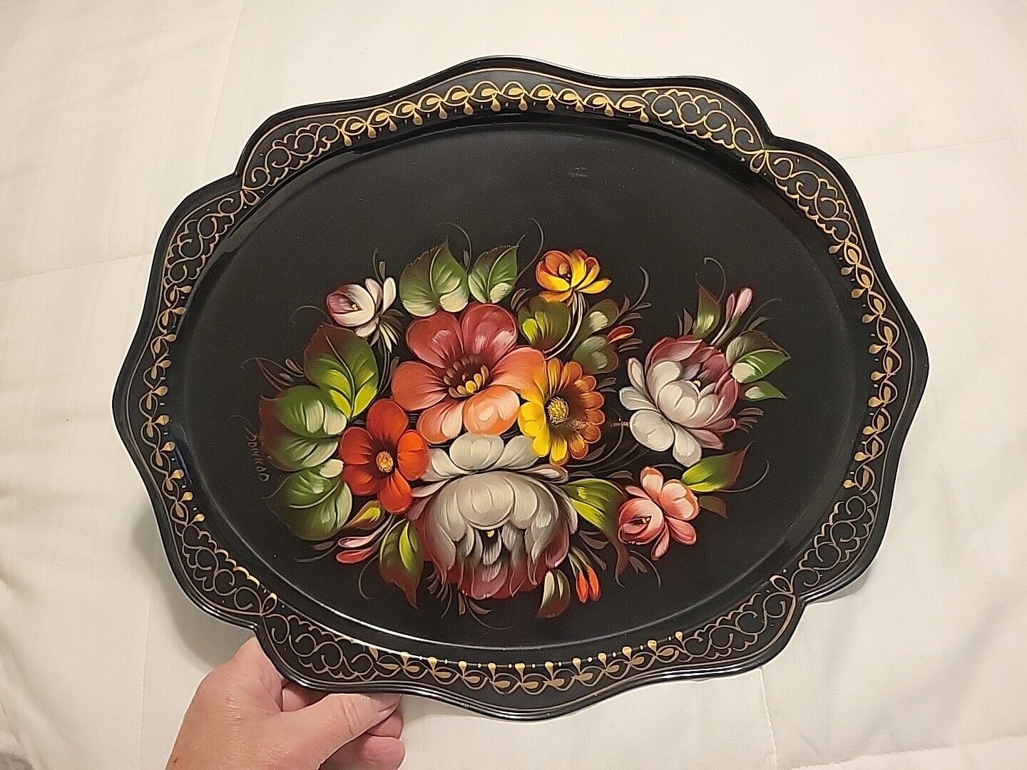 Vintage Hand Painted Zhostovo Russian Floral Metal Serving Decorative Tray 15x12