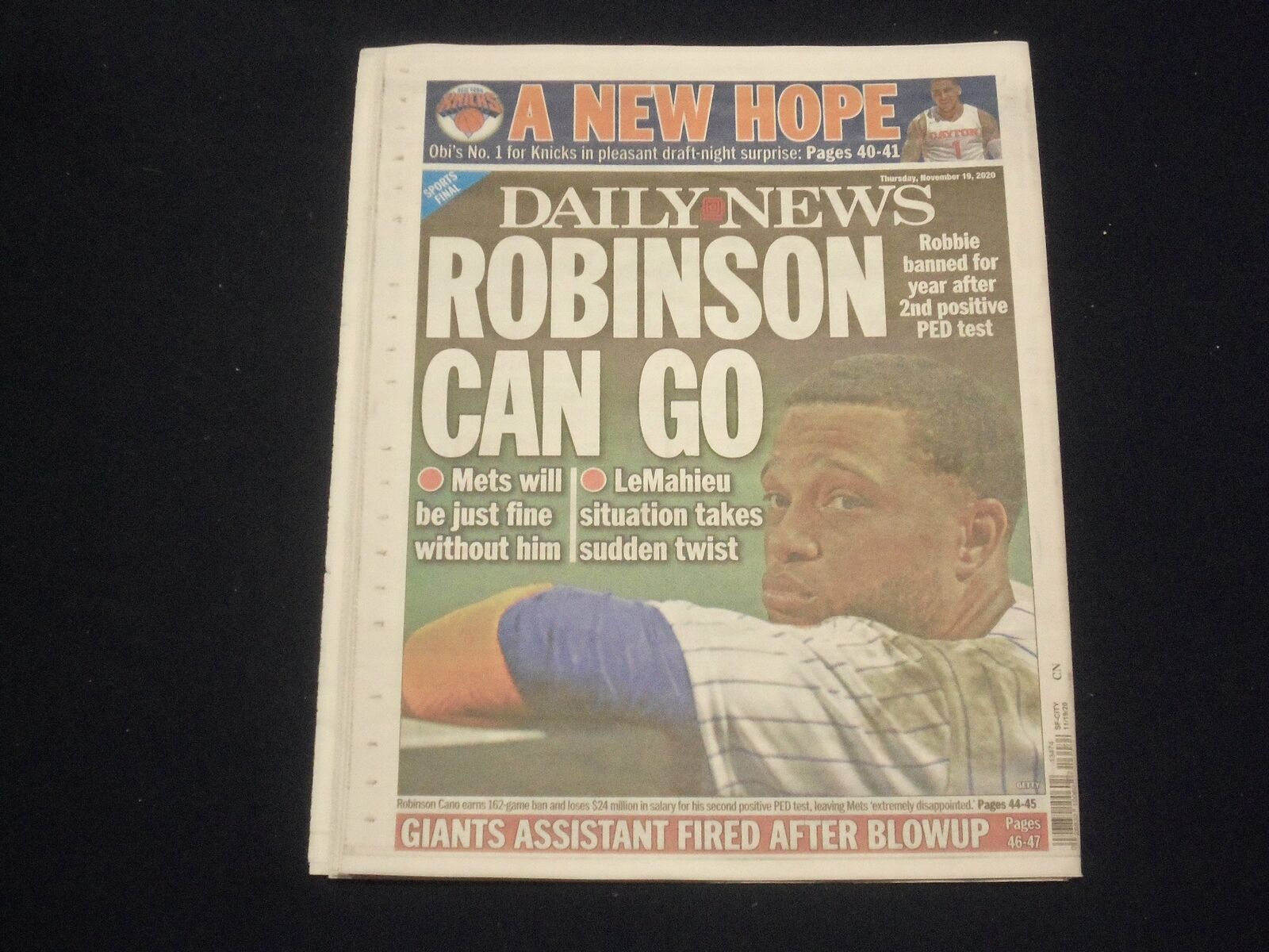 2020 NOVEMBER 19 NEW YORK DAILY NEWS NEWSPAPER - ROBINSON CANO SUSPENDED 1 YEAR