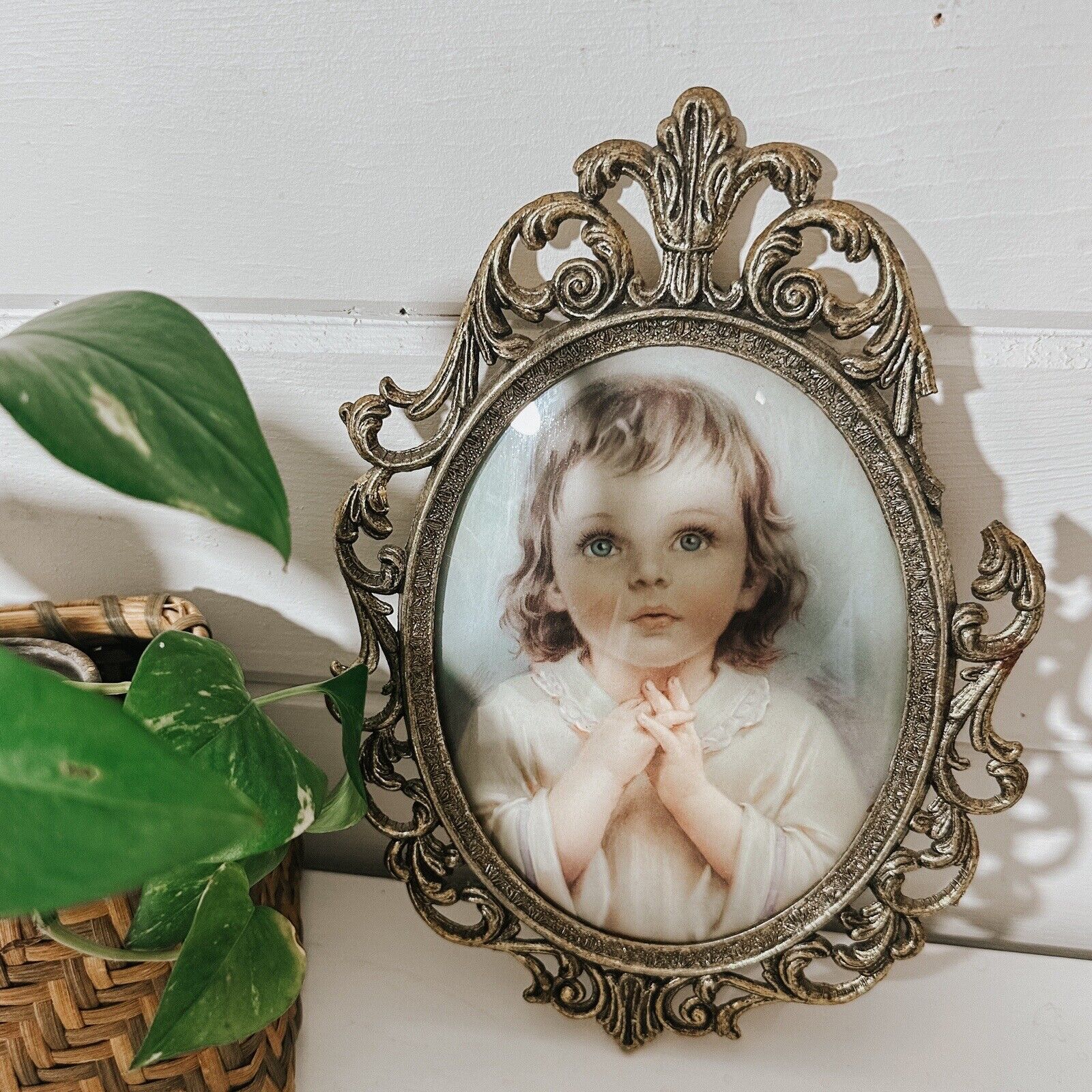 Vintage Antique Ornate Framed Child Praying Bubble Glass, Convex Glass