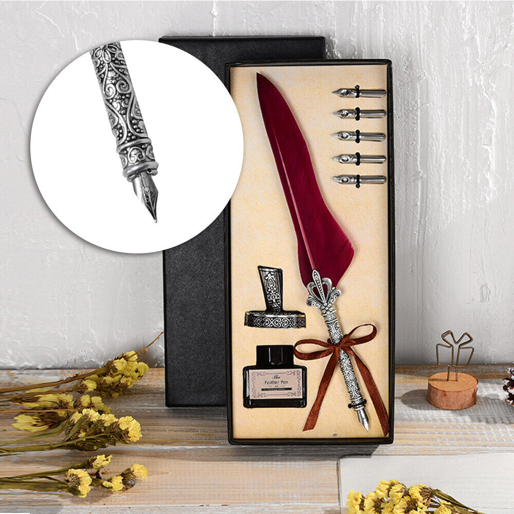 Feather Pen Writing Calligraphy Dip Set W/5 Nibs & Box Stationery Gift Red Quill