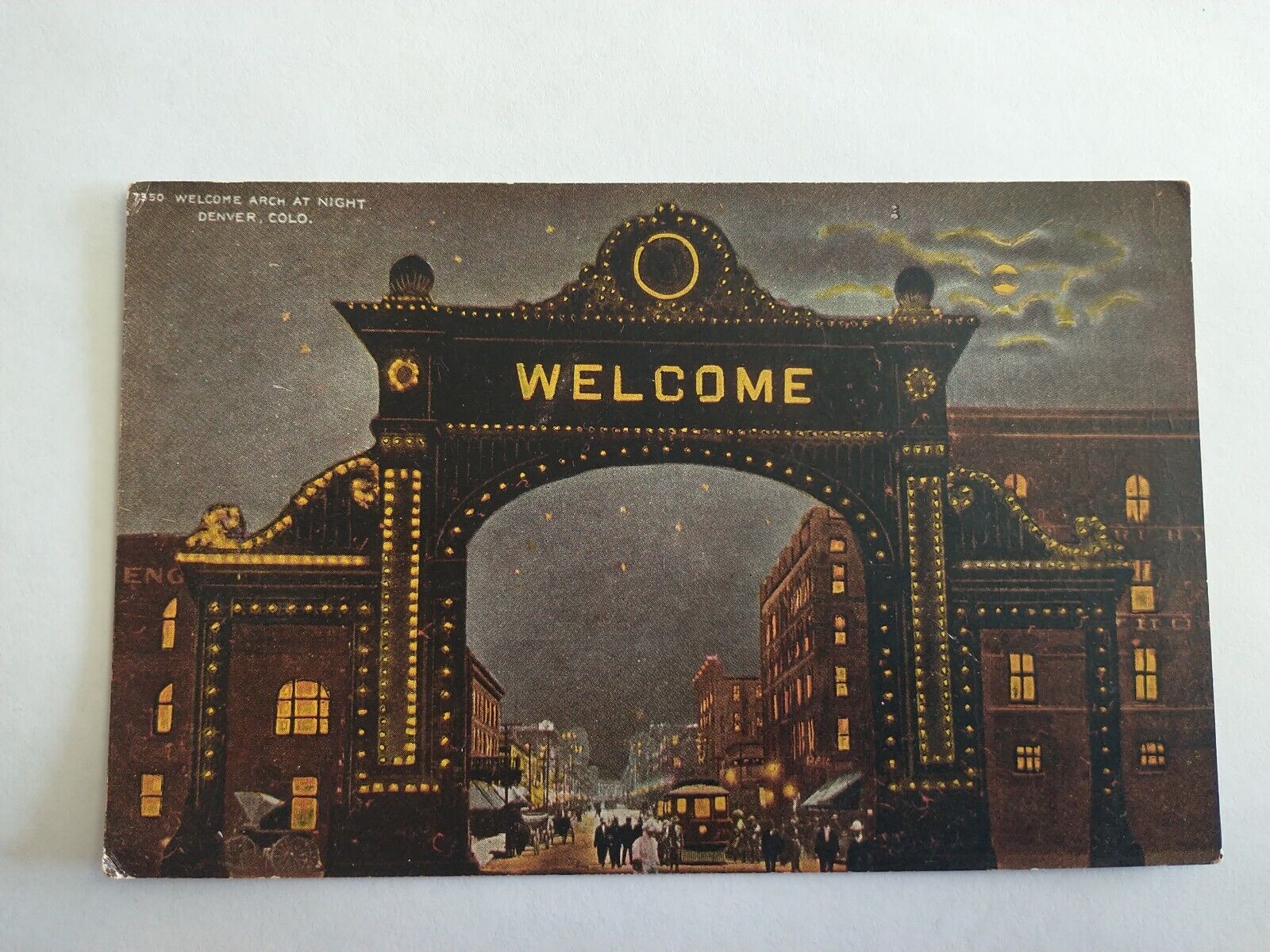 Denver CO-Colorado, Welcome Arch At Night, Moon, Vintage Postcard