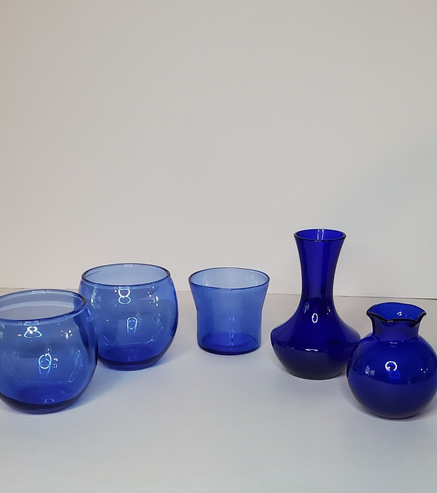 5 Miniature Cobalt Blue Bulb and Bowl Shaped Bud Vase Vintage 