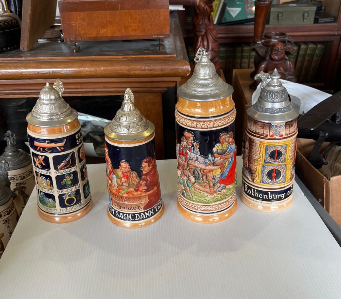 Lot of 4 German Beer Steins _ Two T inside a Triangle, One RM, and West Germany