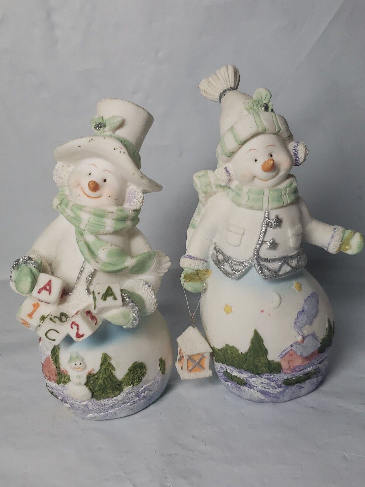 Pair Of Snowman Figurines Resin Scenery Blocks And Lantern Farmhouse