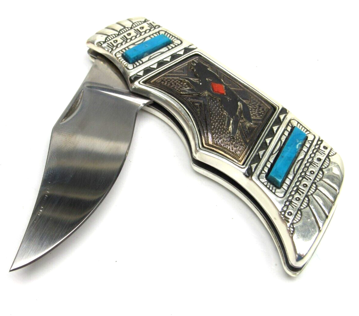 Franklin Mint Southwestern Collection Pocket Knife Turquoise Aztec Wolf