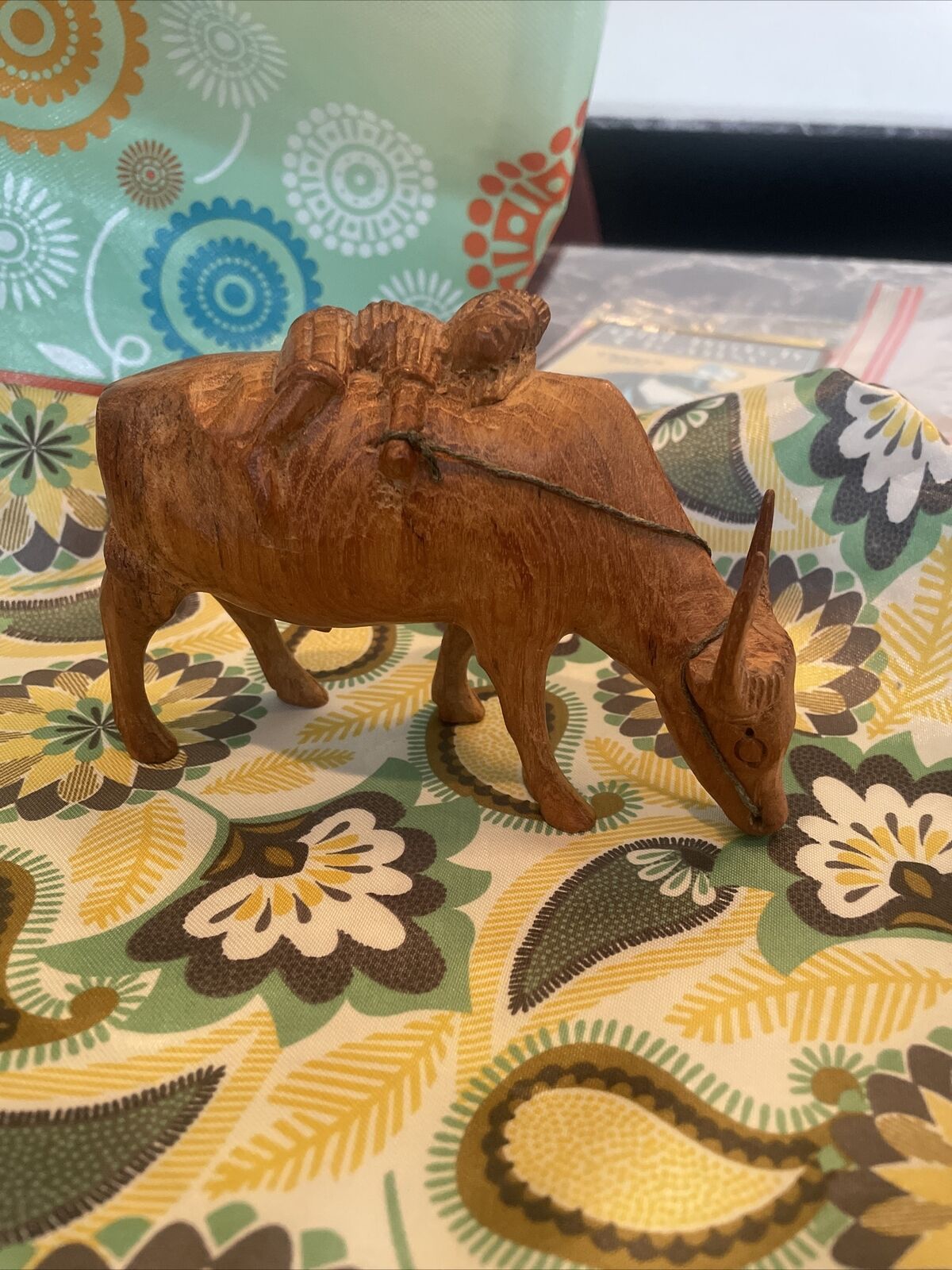 Hand Carved Bull With Sleep Boy- Carved From A Single Piece Of Wood