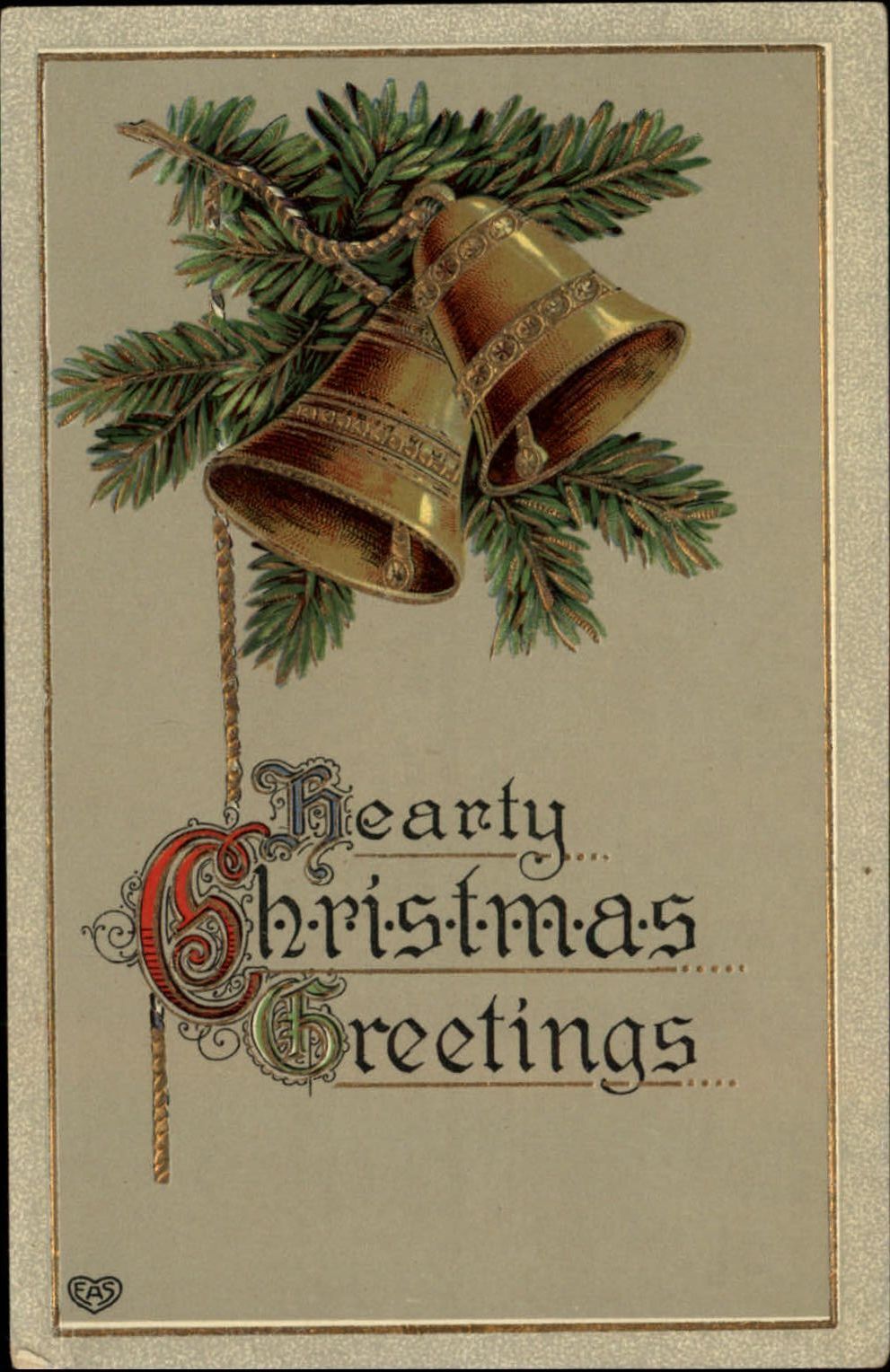 CHRISTMAS gold bells Old English font EAS Publ gilt 1914 vintage postcard