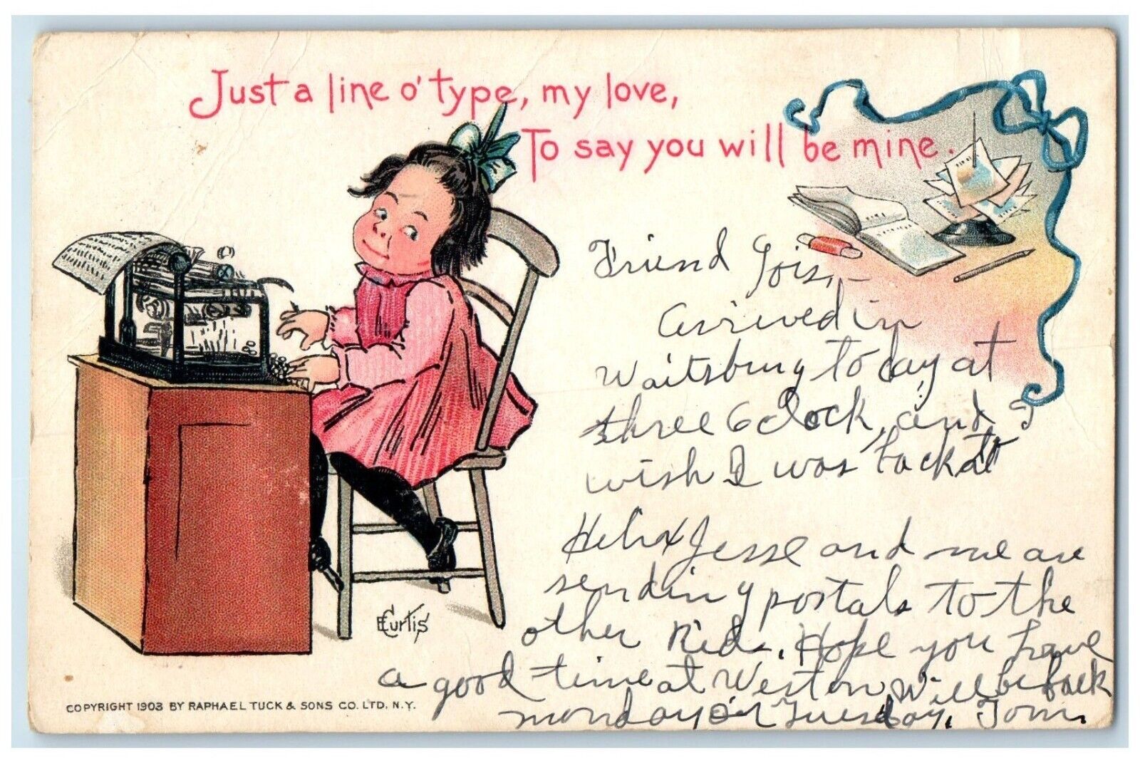 1907 Valentine Office Girl Typewriter Waitsburg Washington WA Antique Postcard
