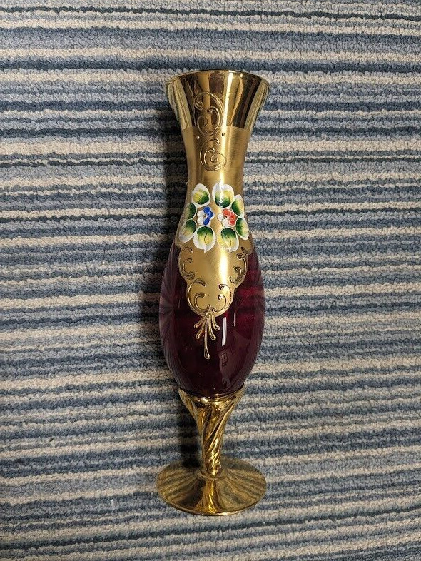 VINTAGE RED GLASS VASE GILTED W/GOLD HAND PAINTED MADE IN ITALY POSSIBLY MURANO?