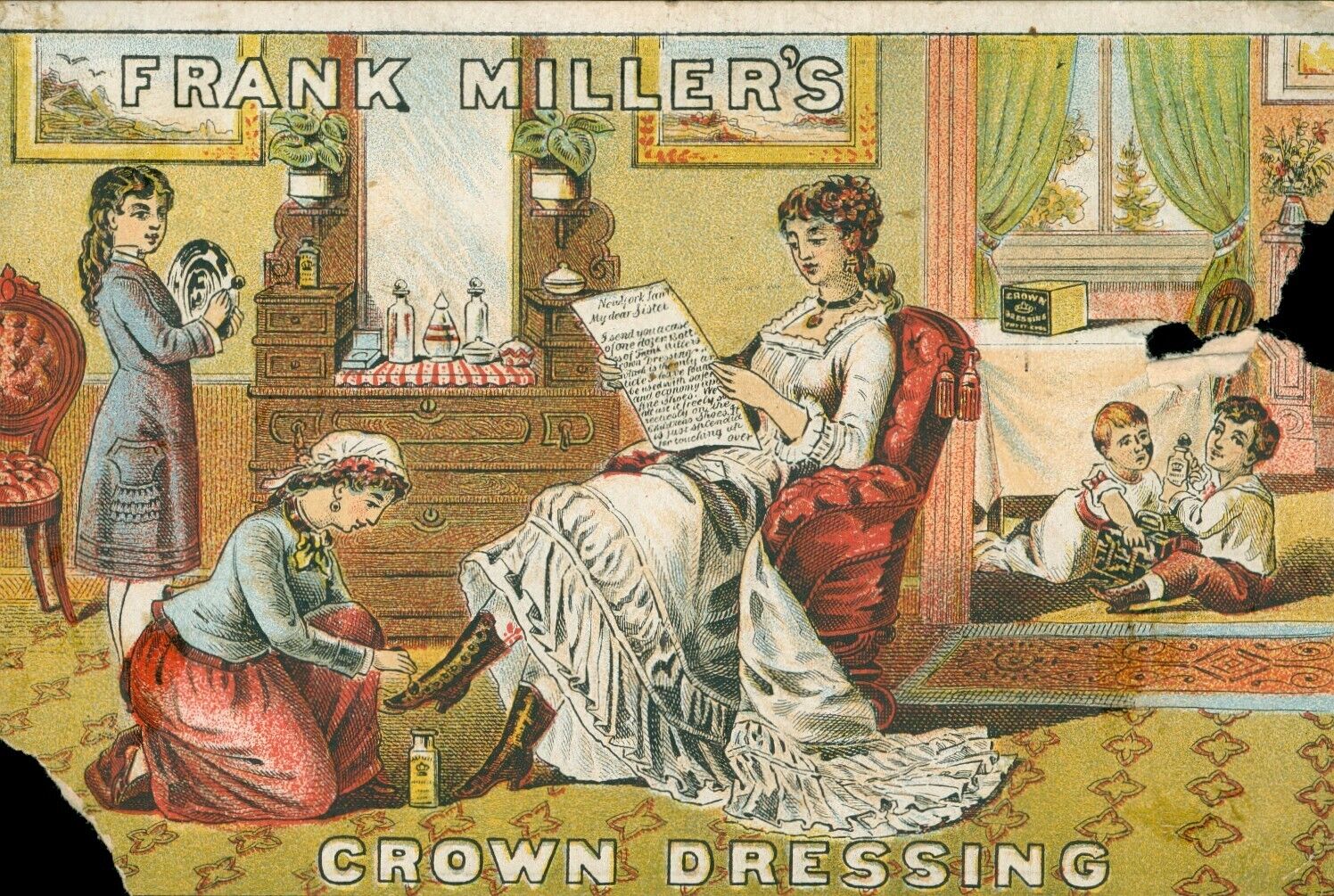 Frank MIller\'s Crown Dressing Trade Card~MP Ulman Boots, Shoes & Rubbers~c1880s