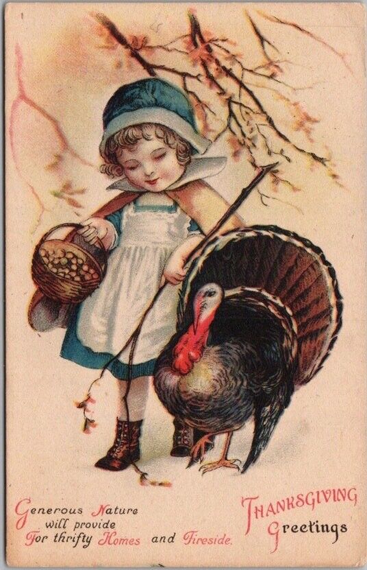 c 1910s WOLF Thanksgiving Postcard Girl / Turkey - Un-Signed CLAPSADDLE - Unused