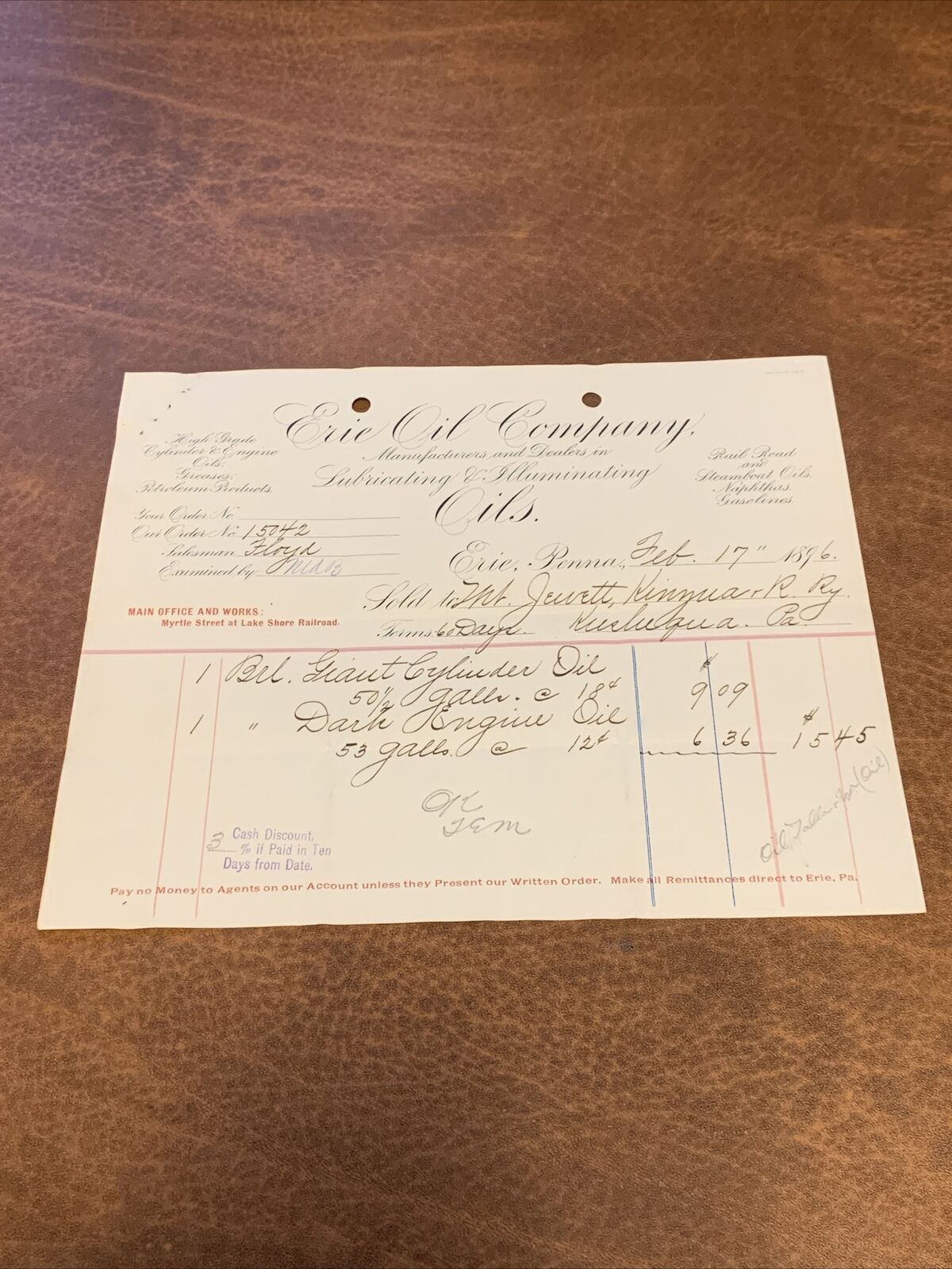 Erie Oil Company Pennsylvania 1896 Billhead Receipt - Rare 