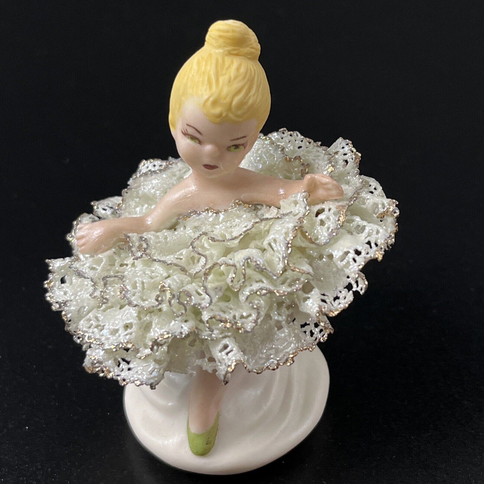Vtg Porcelain Ballerina Figurine 3” Little Sweet Blonde Girl Lace Tutu Ceramic