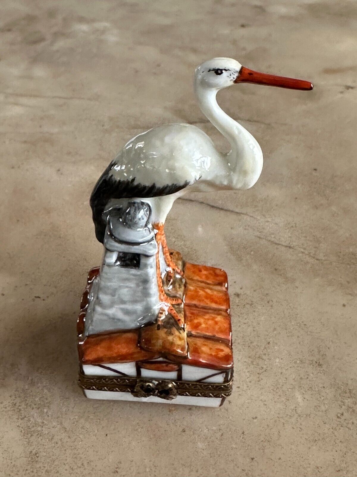 Limoges France Stork Delivering a Baby Peint Main, signed