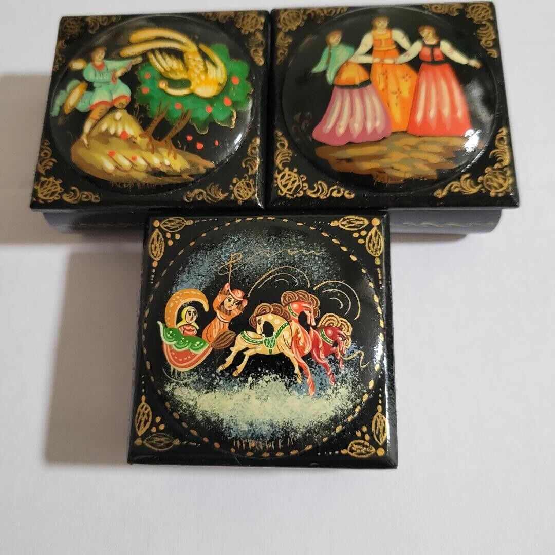 Lot of 3 Vintage Russian Traditional Lacquered Wooden Trinket Boxes. Sold as is.